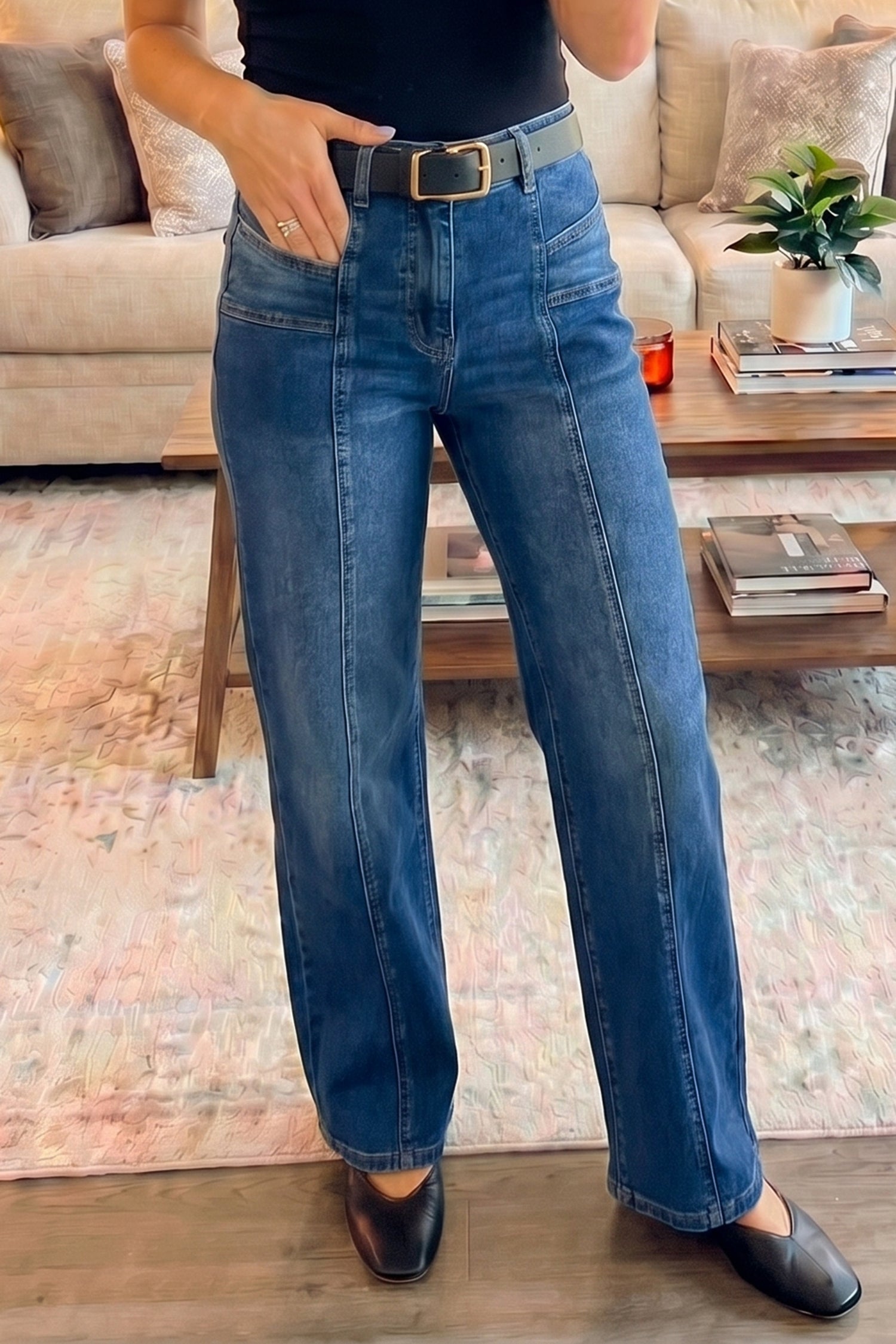 Yusra Seam Detail Shift Jeans by Threaded Pear, showcasing classic denim with subtle seam accents and a fitted silhouette.