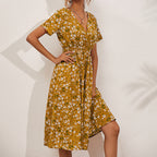 V-neck floral print satin maxi dress by FitiqueFit in an A-line silhouette, available in 8 colors, shown in a stylish dress image.