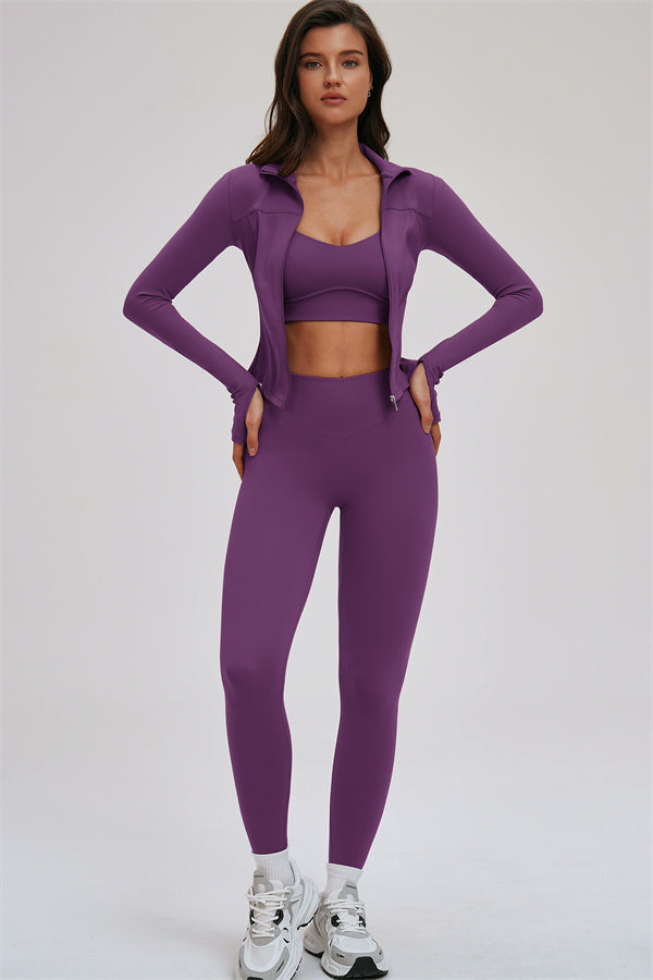 Fitglutes Activewear 3-piece set featuring a kinetic zip jacket, cross-back sports bra, and matching leggings for workout wear.