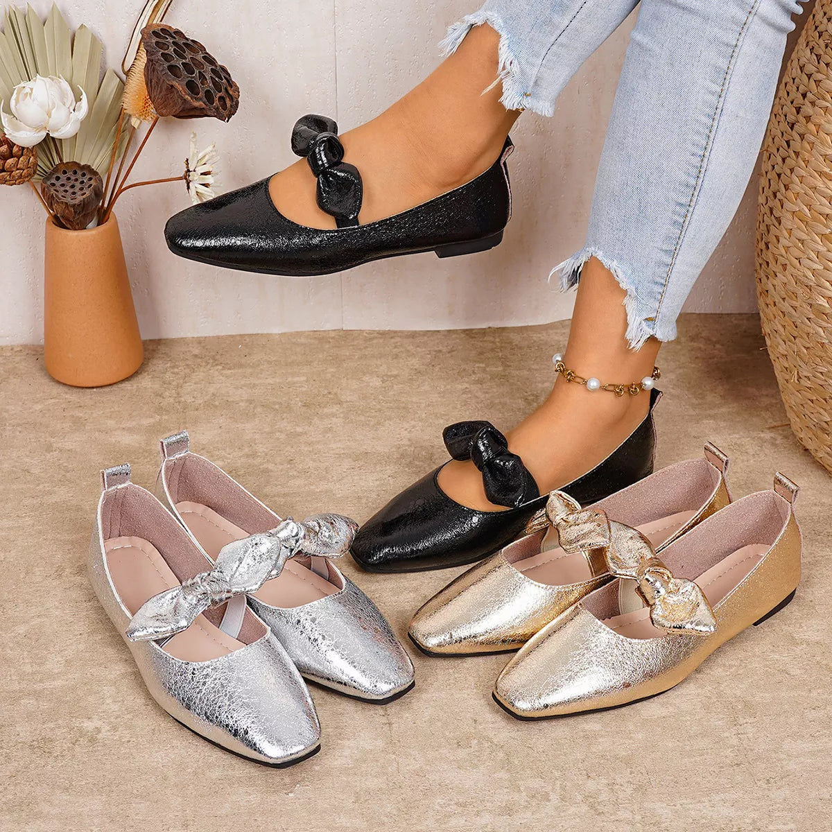 Plush Fashion Hub bow square toe slip-on sandals with stylish design and comfortable fit, perfect for casual summer wear.