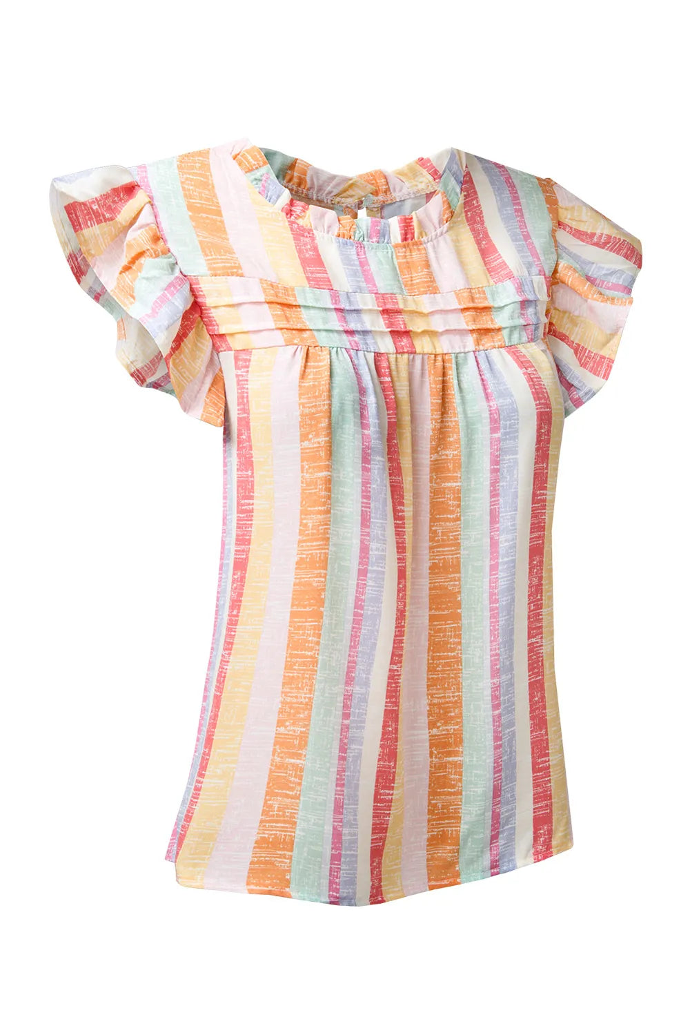 Women's ruffled striped cap sleeve blouse from Trendsi featuring lightweight, casual chic design with ruffles and vertical stripes.