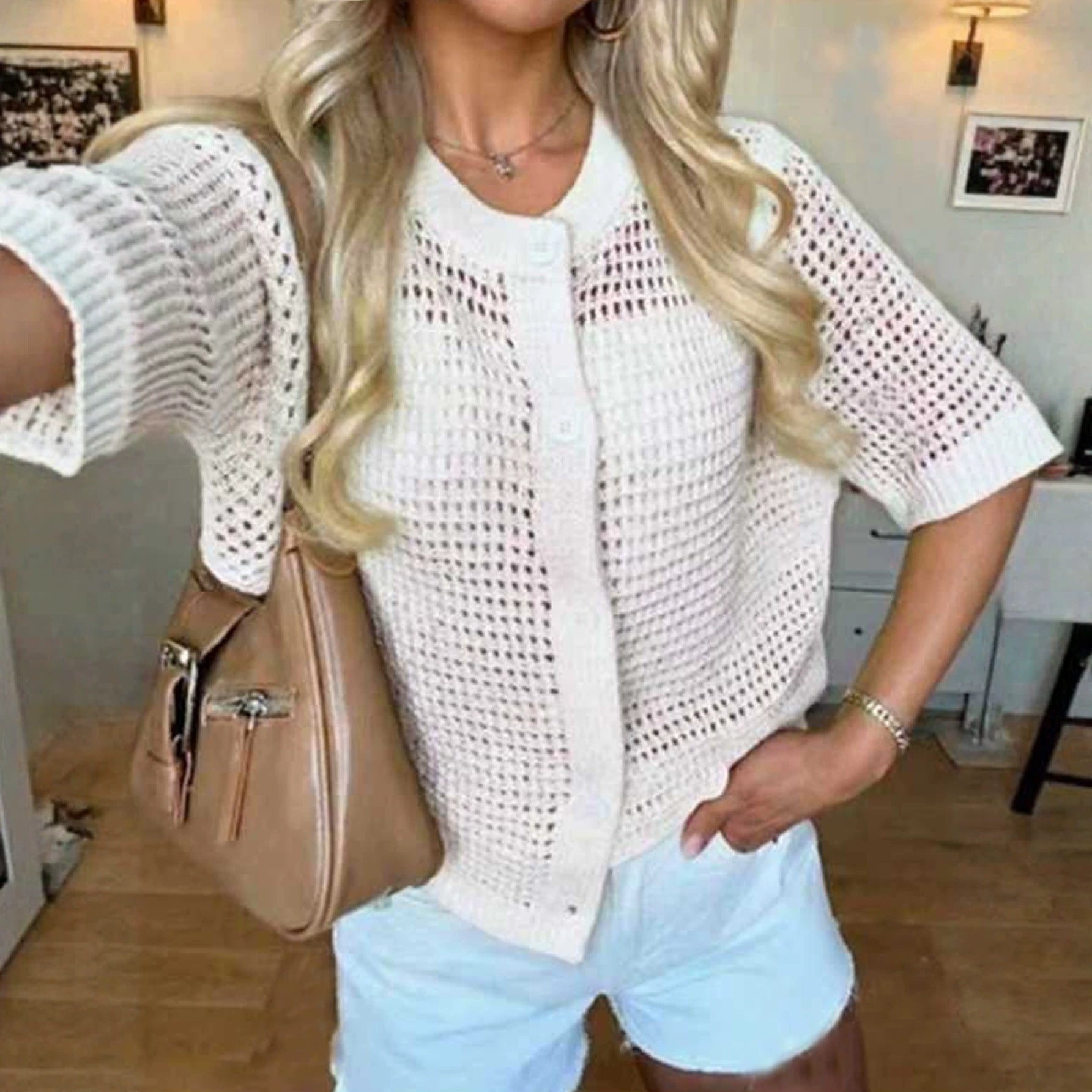 Women's hollow-out knit cardigan by FitiqueFit with open front, short sleeves, solid color, lightweight and stylish.