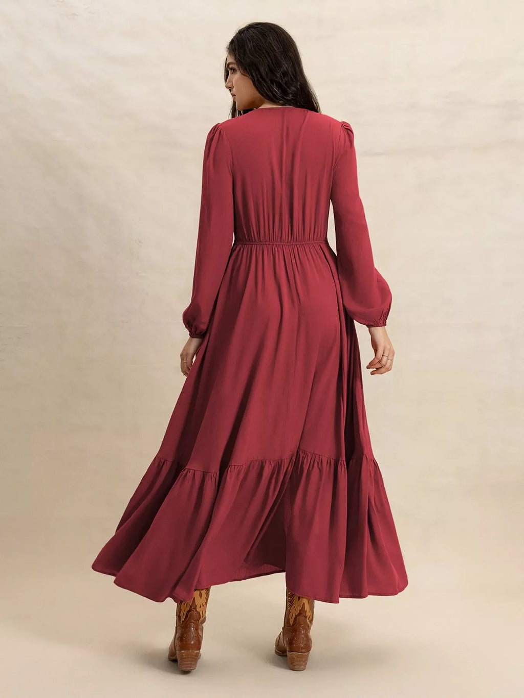 Plus size V-neck balloon sleeve maxi dress by Shopimist, featuring a flowing silhouette and elegant design, shown in a stylish fabric.
