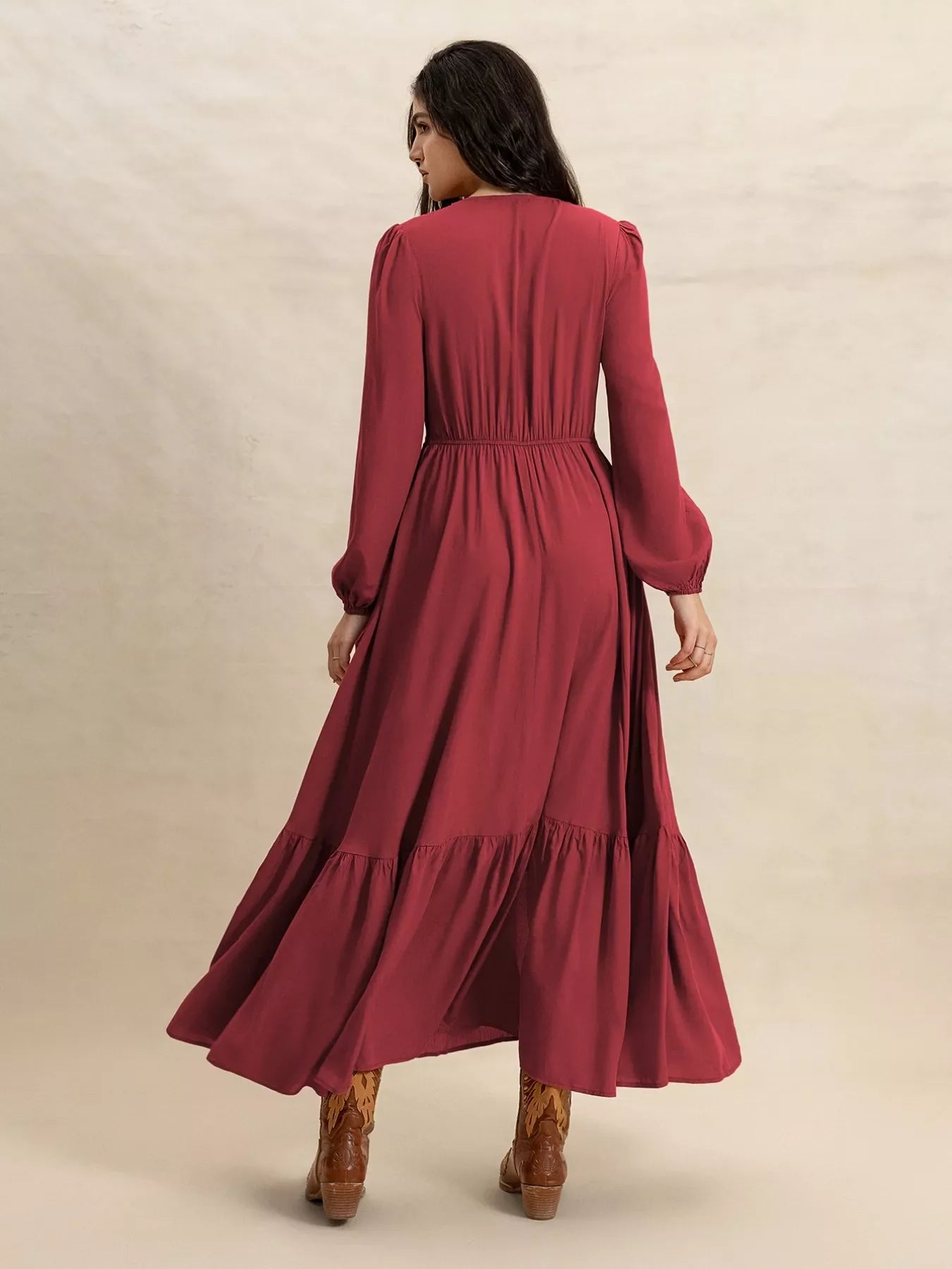 Plus size V-neck balloon sleeve maxi dress by Shopimist, featuring a flowing silhouette and elegant design, shown in a stylish fabric.