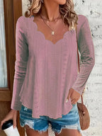 Elegant women's eyelet long sleeve blouse from Plush Fashion Hub, featuring versatile stretch fabric and stylish office-appropriate design.