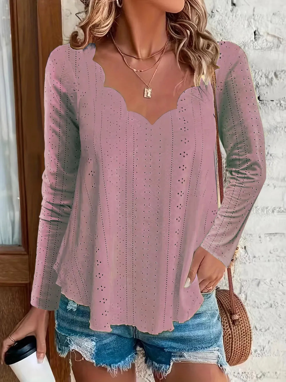 Elegant women's eyelet long sleeve blouse from Plush Fashion Hub, featuring versatile stretch fabric and stylish office-appropriate design.