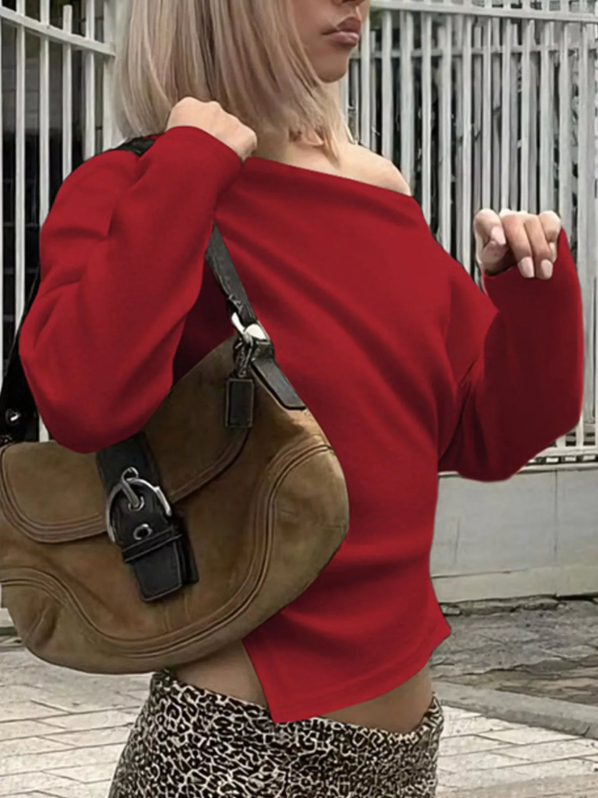 Asymmetrical off-shoulder long sleeve T-shirt by Plush Fashion Hub, featuring a stylish and modern design in soft fabric.