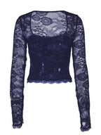 White sheer lace sleeve square neck t-shirt from Shopimist, featuring a stylish square neckline and delicate lace details.