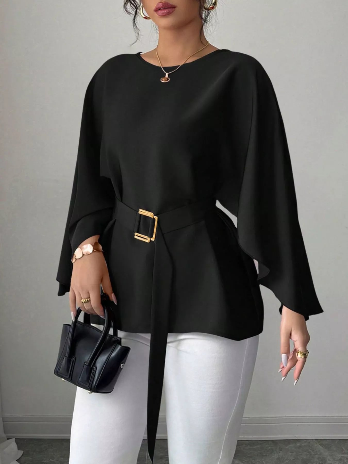 Shopimist batwing sleeve belted blouse, stylish women's top with flowy sleeves and waist belt, perfect for casual or office wear.