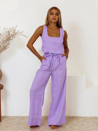 Shopimist square neck sleeveless top and matching pants set, featuring a stylish and modern design with a fitted square neckline.
