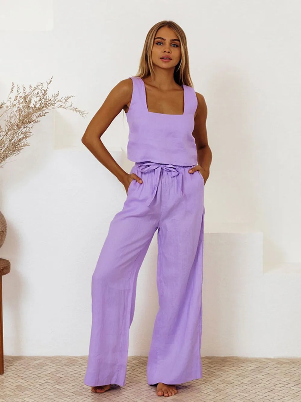 Shopimist square neck sleeveless top and matching pants set, featuring a stylish and modern design with a fitted square neckline.