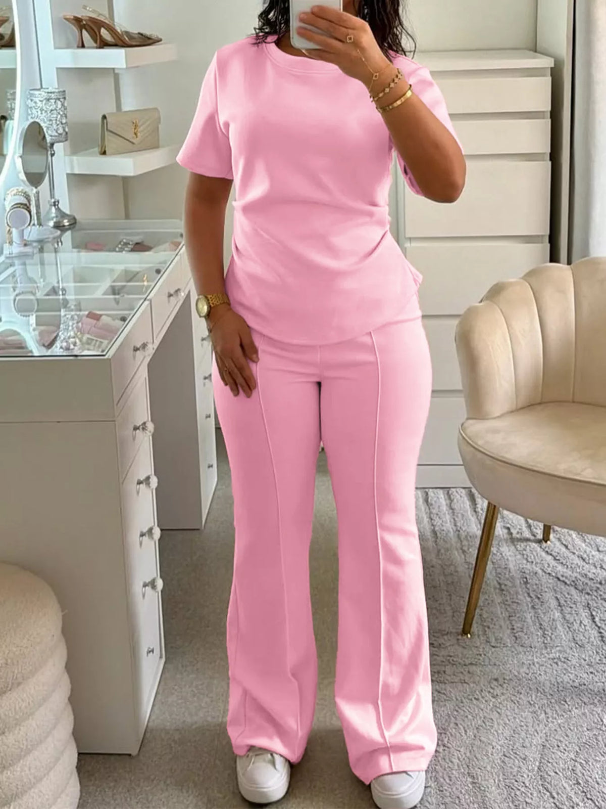 Plush Fashion Hub loungewear set with round neck short sleeve top and matching pants, soft and comfortable for casual wear.