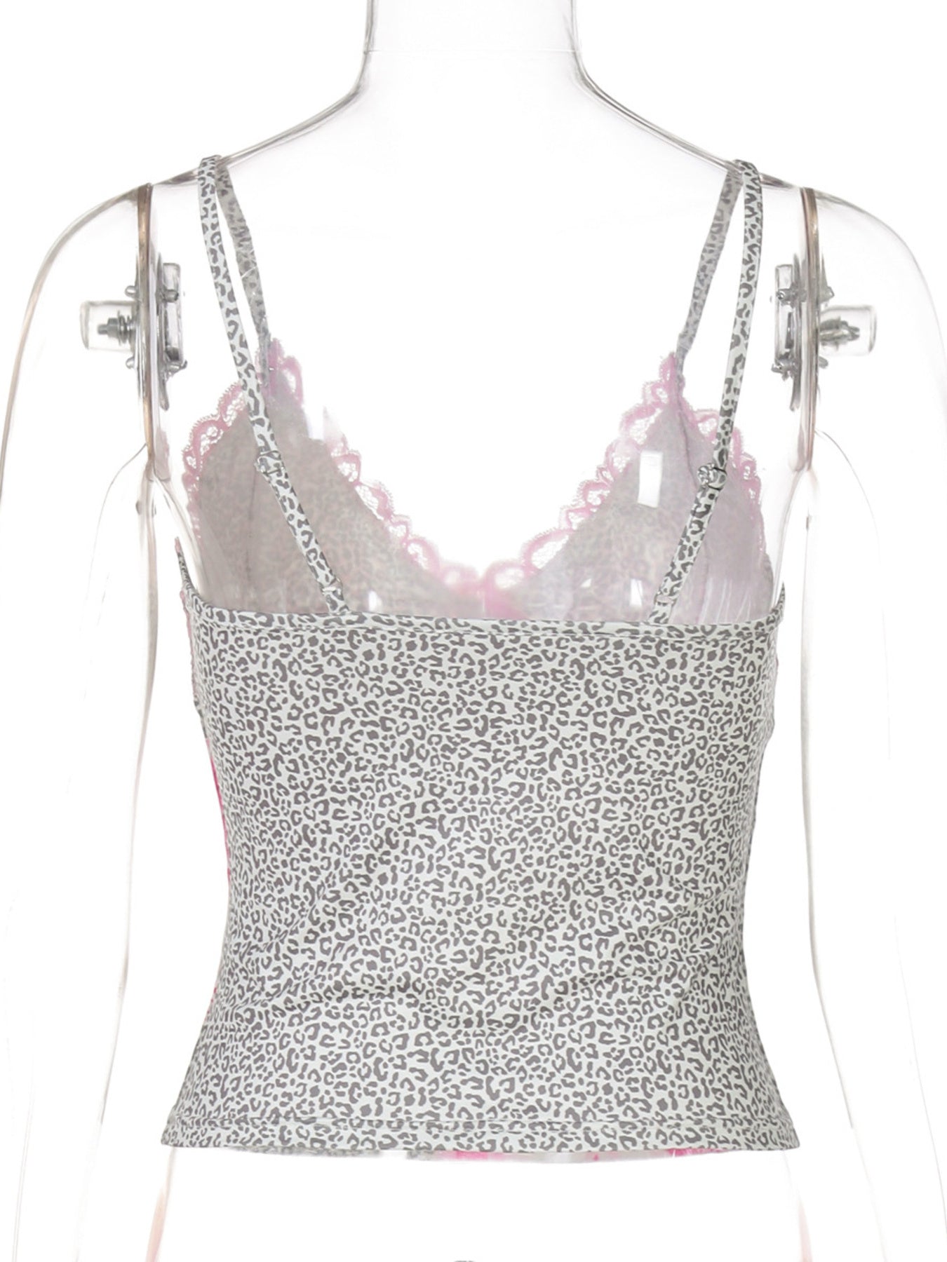 Women's leopard print cami top with delicate lace trim, stylish animal print top by Trendsi, featuring a fitted sleeveless design.