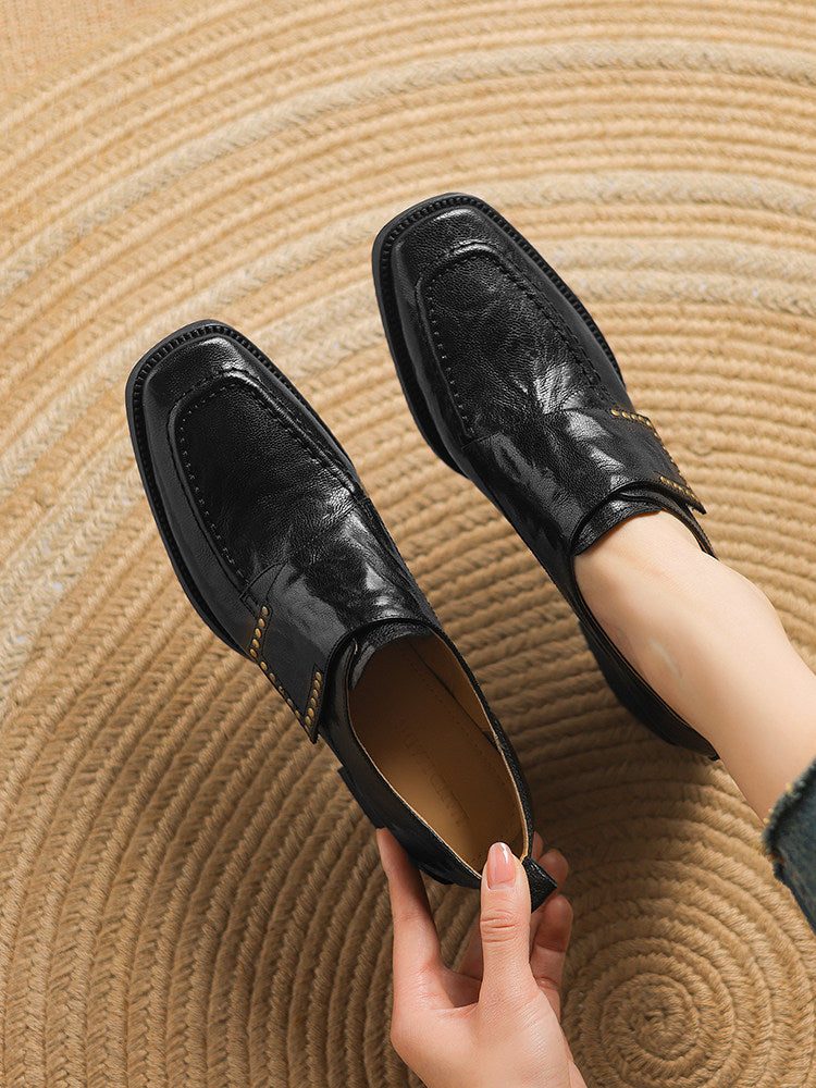 Women's British style square toe chunky heel pumps with deep vamp and studded details, by Plush Fashion Hub.