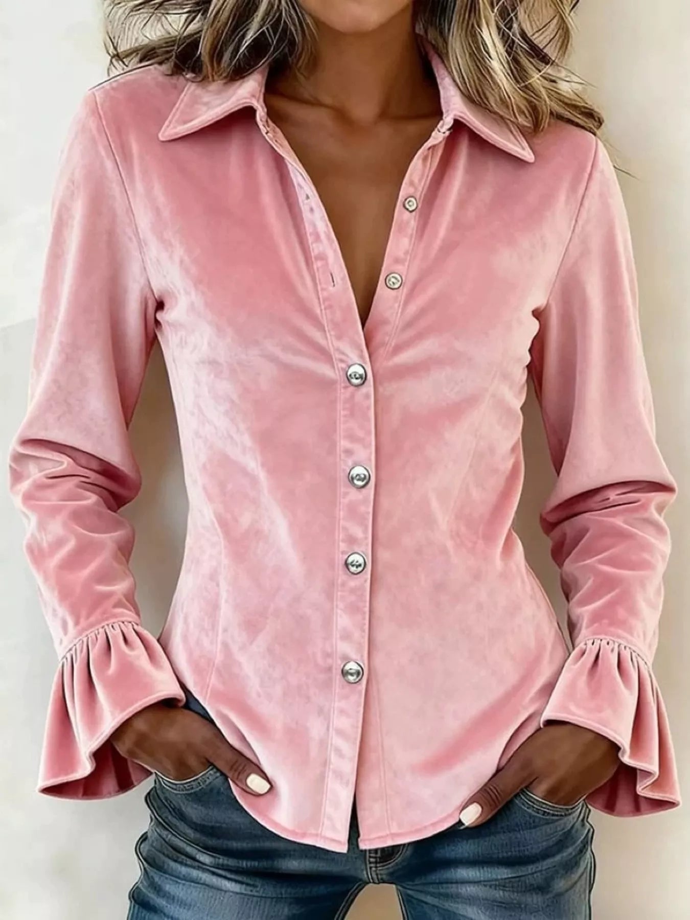 Plus size velvet button-up flare sleeve shirt by Trendsi, featuring a stylish full-length top with elegant sleeves.