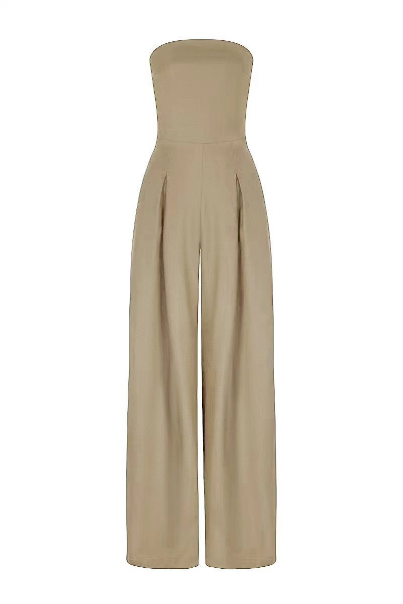 Backless loose tube-top jumpsuit with wide-leg long pants, stylish women's overalls in a fashionable design.