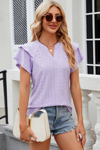 Pink eyelet notched flutter sleeve T-shirt from Trendsi with relaxed fit and stylish details, perfect for casual wear.