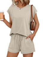 Women's soft round neck cap sleeve lounge set with drawstring shorts by Plush Fashion Hub, shown in a comfortable 2-piece outfit.