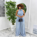 Women's Backless Washed Denim Halter Jumpsuit