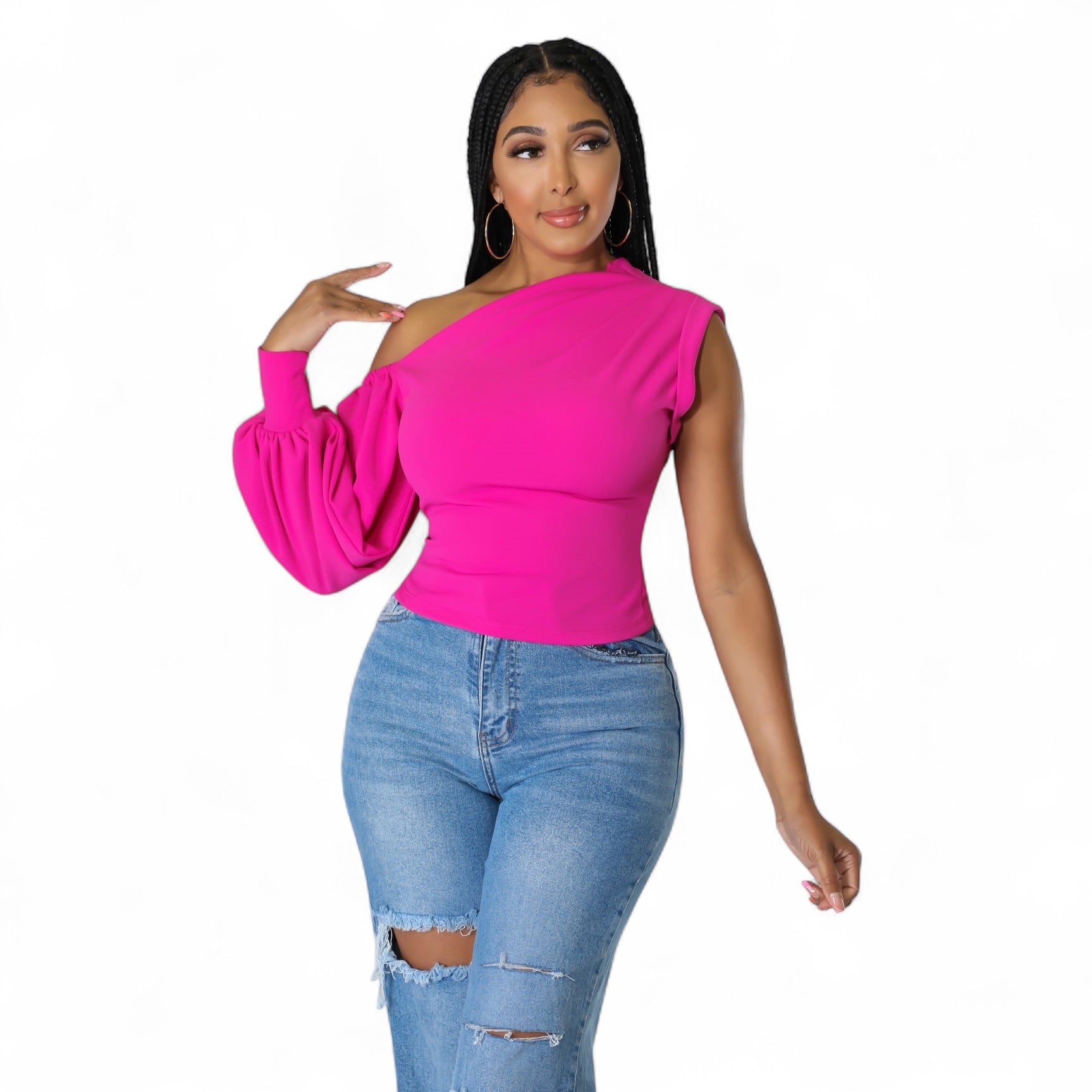 One shoulder puff sleeve blouse by The House of Stylez featuring a stylish, feminine design with puffed sleeves and asymmetrical neckline.