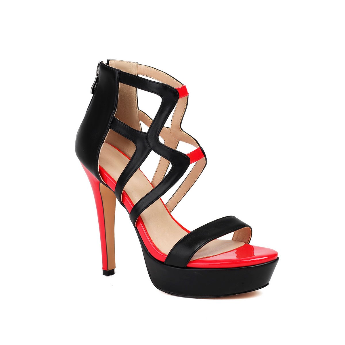 Black and red platform heels with bold strappy design, women's trendy sandals from Trendy Attic Store01.