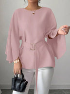 Black batwing sleeve belted blouse from Shopimist featuring a relaxed fit and stylish design.