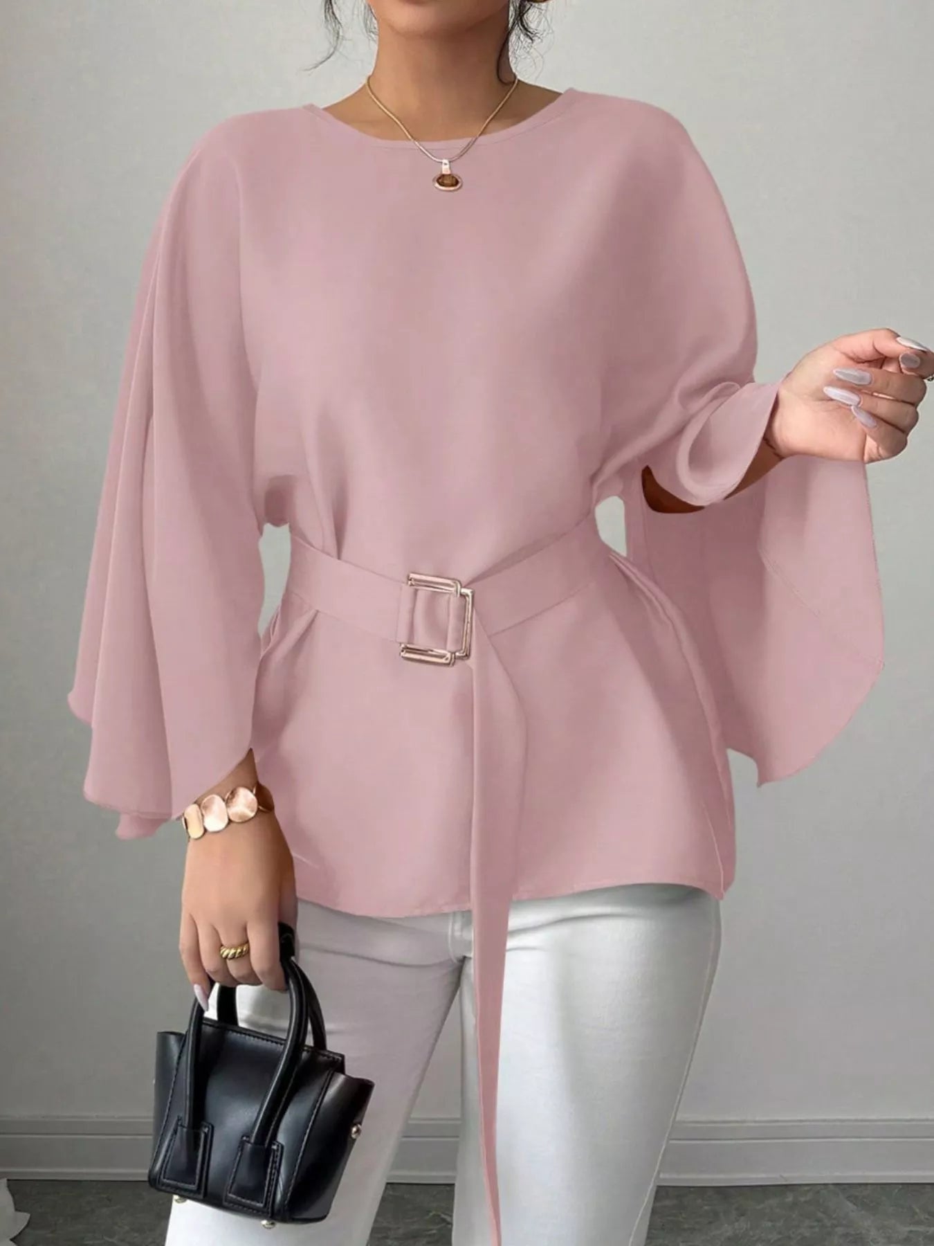 Black batwing sleeve belted blouse from Shopimist featuring a relaxed fit and stylish design.