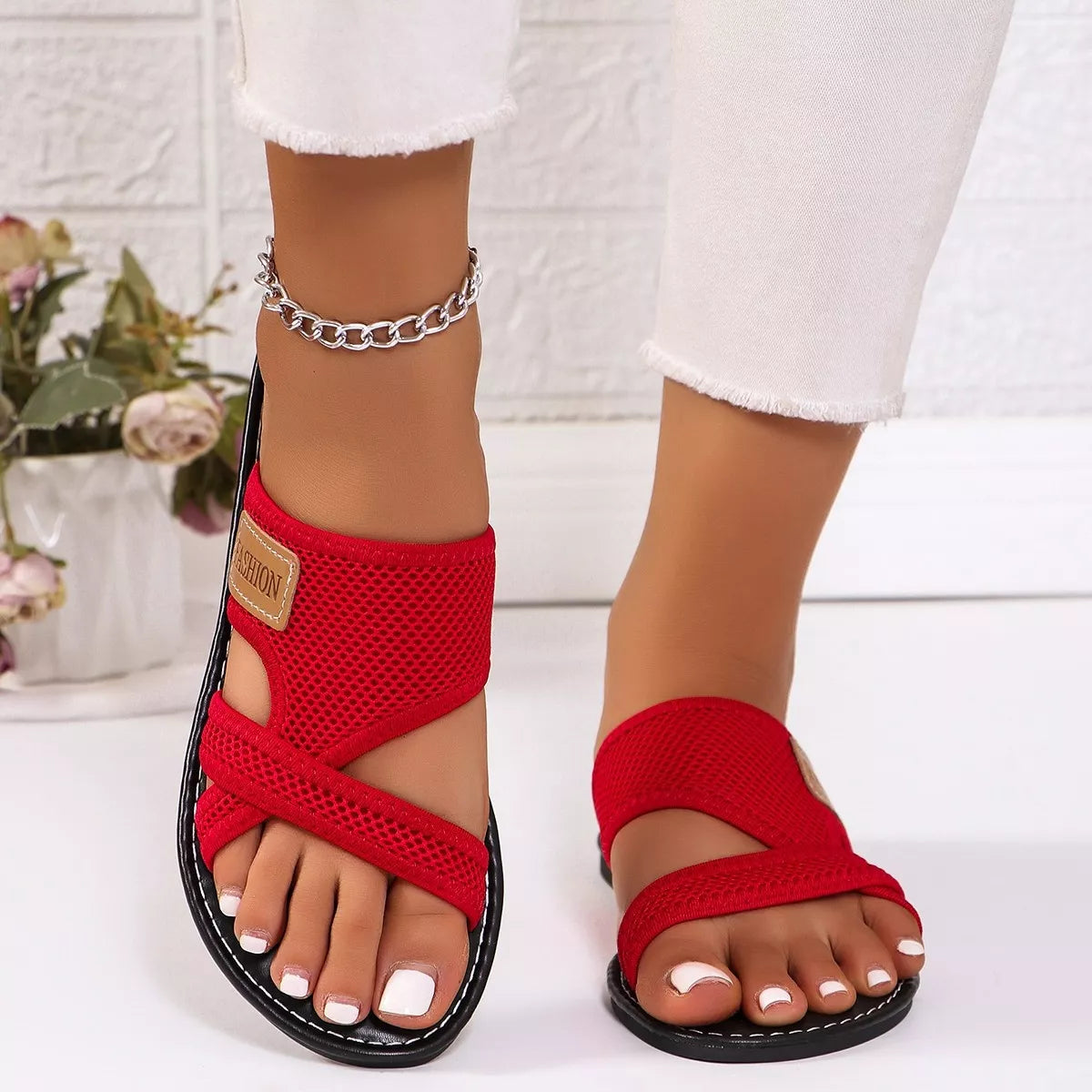 Open toe mesh sandals by Plush Fashion Hub featuring stylish design and breathable mesh material for summer wear.