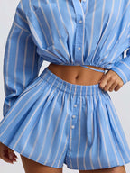 Shopimist striped button-up shirt and shorts set featuring a stylish, casual design with vertical blue and white stripes.