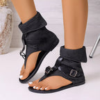 Plush Fashion Hub toe post buckle sandals featuring leather straps and a comfortable flat sole, ideal for casual summer wear.