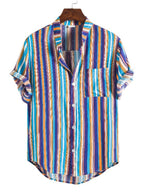 Men's plus size striped button-up short sleeve shirt by Trendsi, featuring a colorful striped pattern and classic collar.