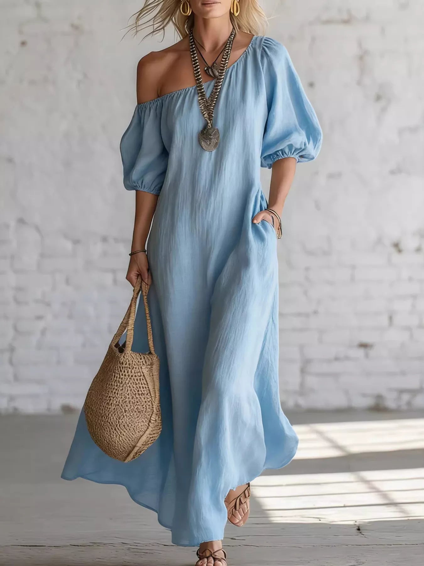 Plush Fashion Hub one-shoulder puff sleeve maxi dress in soft fabric, flowing silhouette, perfect for elegant occasions.
