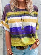 Women's casual short sleeve T-shirt by Trendsi with a contrast round neckline and relaxed fit, shown in a natural pose.