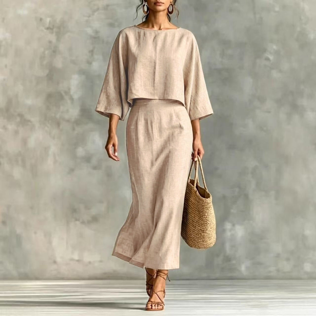 Casualwear set with high waist long skirt and 3/4 sleeve loose top by FitiqueFit, shown in a relaxed, stylish outfit.