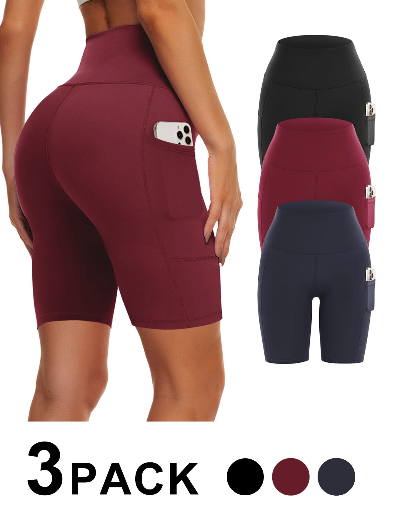 Three-pack of high-waisted biker yoga shorts from FitiqueFit, featuring stretchy fabric and a snug fit for active wear.
