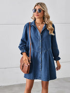 VYSN button-up mini denim dress with flounce sleeves, featuring a fitted silhouette and front button closure, casual and stylish.