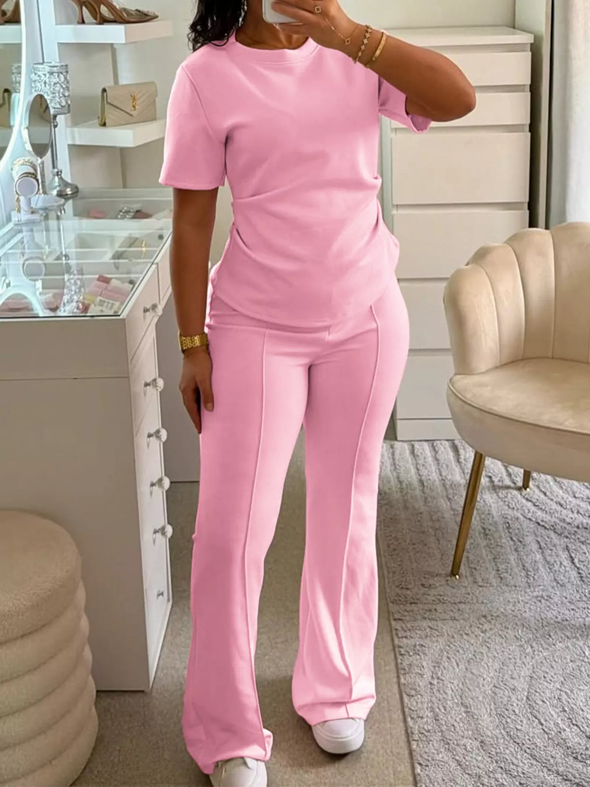 Plush Fashion Hub round neck short sleeve top and matching pants loungewear set, soft and comfortable for relaxing.