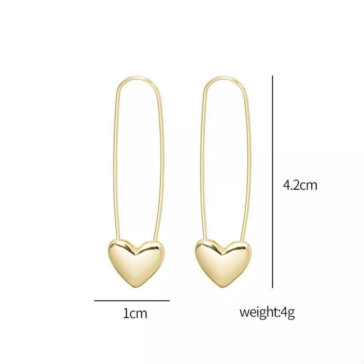 Gold-plated heart charm safety pin earrings with a modern design, featuring the Plush Fashion Hub branding.
