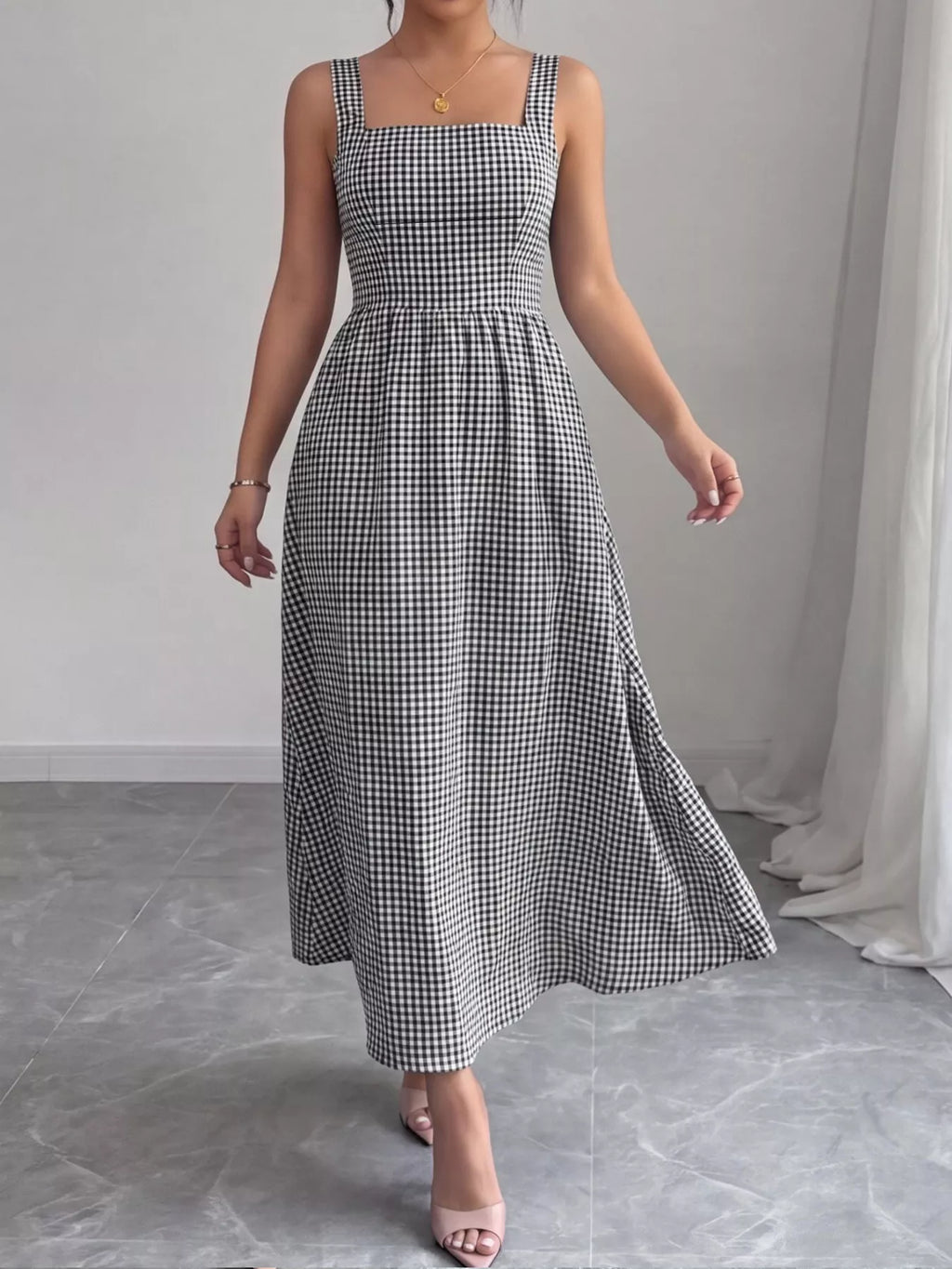 Square neck gingham midi dress by Shopimist featuring a fitted bodice and flowing skirt in classic black and white gingham fabric.