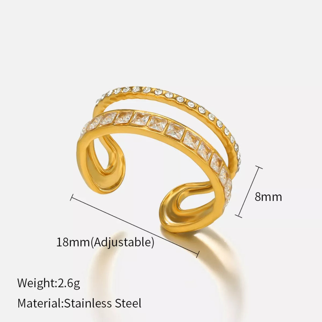 18K gold-plated rhinestone open ring with sparkling stones, stylish jewelry accessory from Shopimist