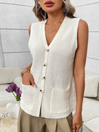 Women's sleeveless knit sweater vest with button-down front and side pockets, stylish and lightweight from Trendsi.