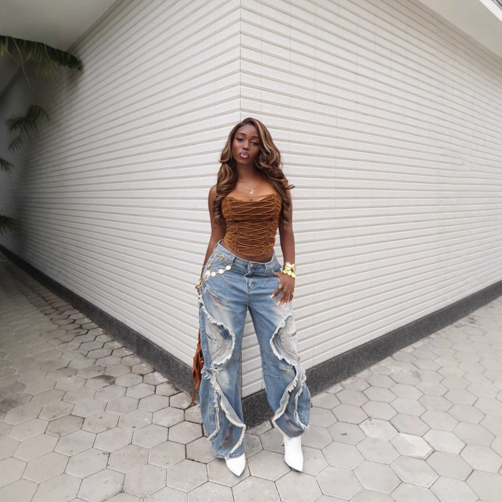 Wave Frayed Ripped Edge Denim Jeans