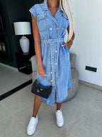 VYSN denim dress with collared neckline, cap sleeves, and button front, stylish casual clothing for women.