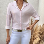 Women's striped lapel long-sleeved casual shirt top by FitiqueFit, featuring a classic collar and stylish vertical stripes.