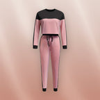 Korean-style women's casual hoodie and pants two-piece set with patchwork design, from Plush Fashion Hub, comfortable everyday wear.
