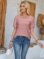 Plush Fashion Hub eyelet asymmetrical neck short sleeve T-shirt, stylish top with unique neckline and casual fit.