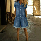 Spring Short Sleeve Multi-Pocket Shirt Washed Denim Look Overalls Shorts Women's Clothing