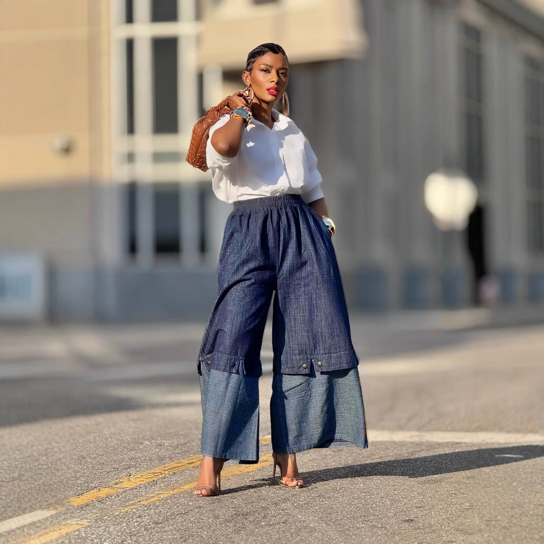 Patchwork color-blocking wide-leg denim jeans from Plush Fashion Hub with vibrant, contrasting fabric panels and relaxed fit.