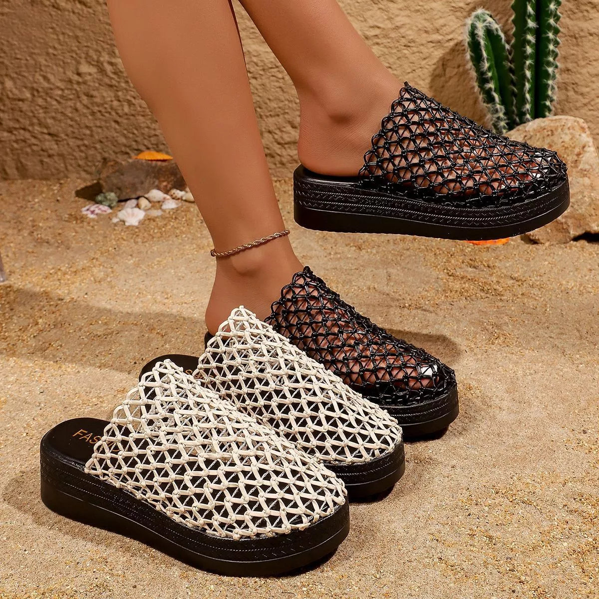 Plush Fashion Hub woven design platform sandals with a tan woven strap and chunky sole, casual summer footwear.