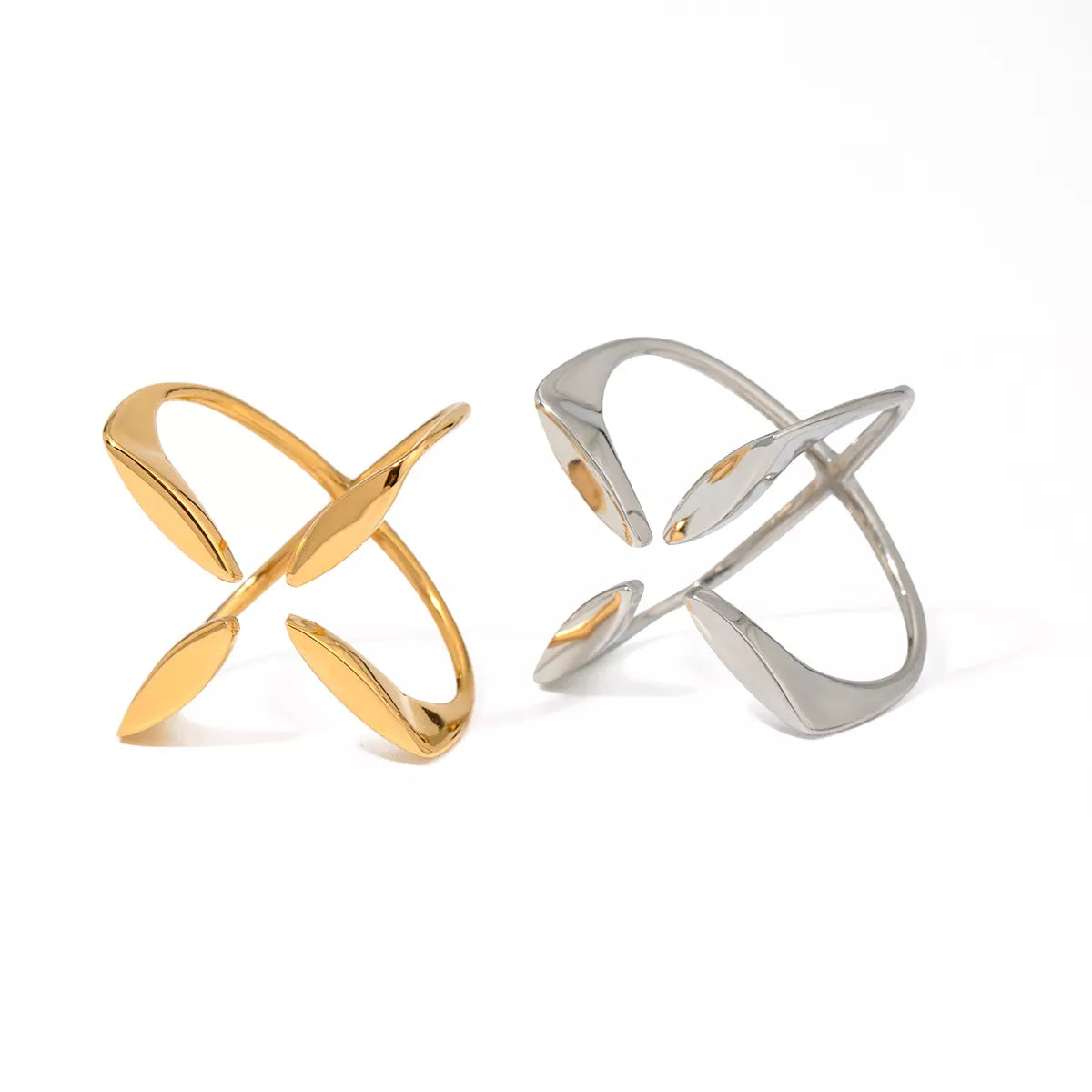 Stainless steel crisscross open ring with a sleek, modern design, featuring overlapping bands for a stylish look.
